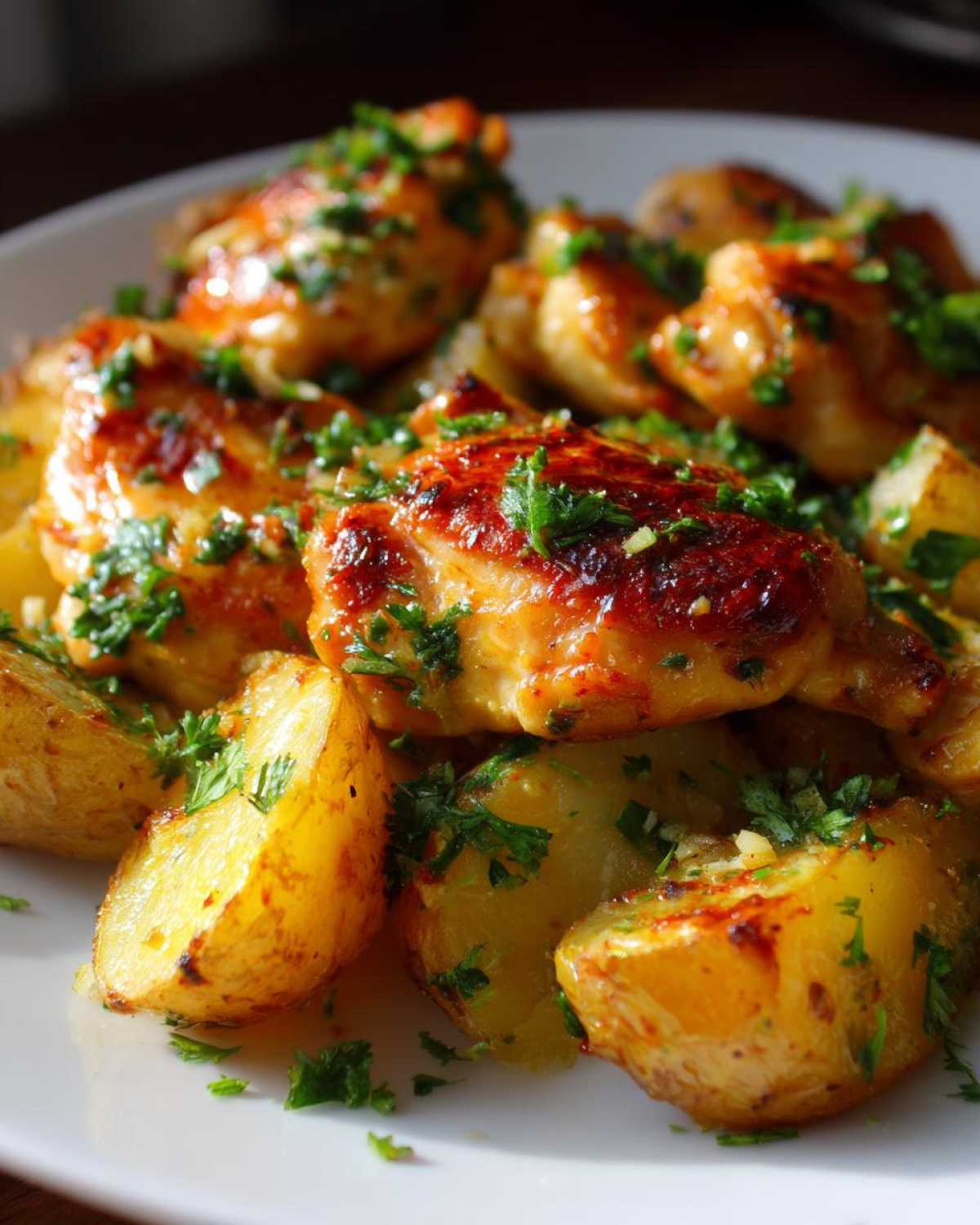 Close-up of baked garlic parmesan chicken and potatoes, garnished with fresh parsley.