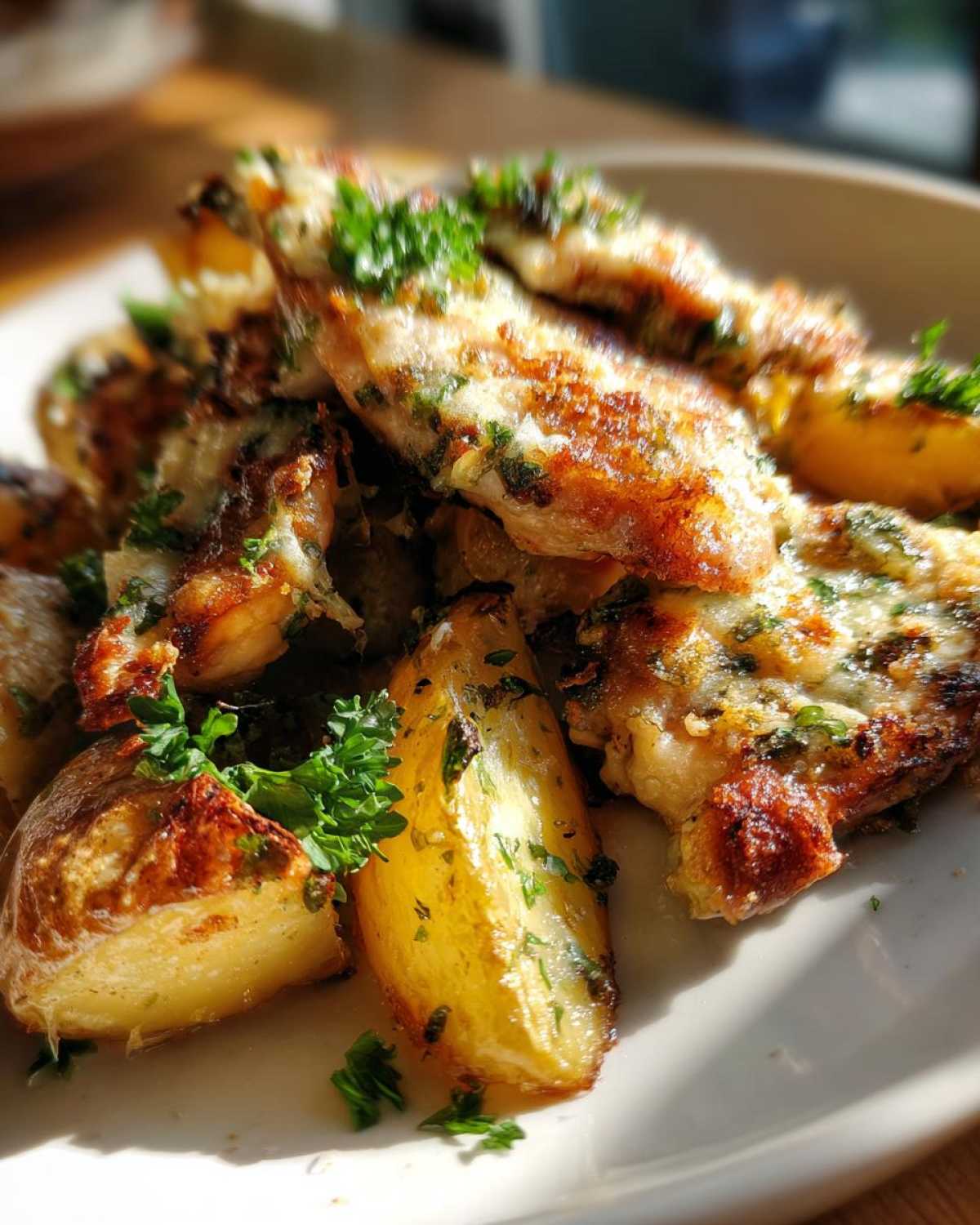 Close-up of golden roasted potatoes and cheesy garlic parmesan chicken topped with fresh parsley.