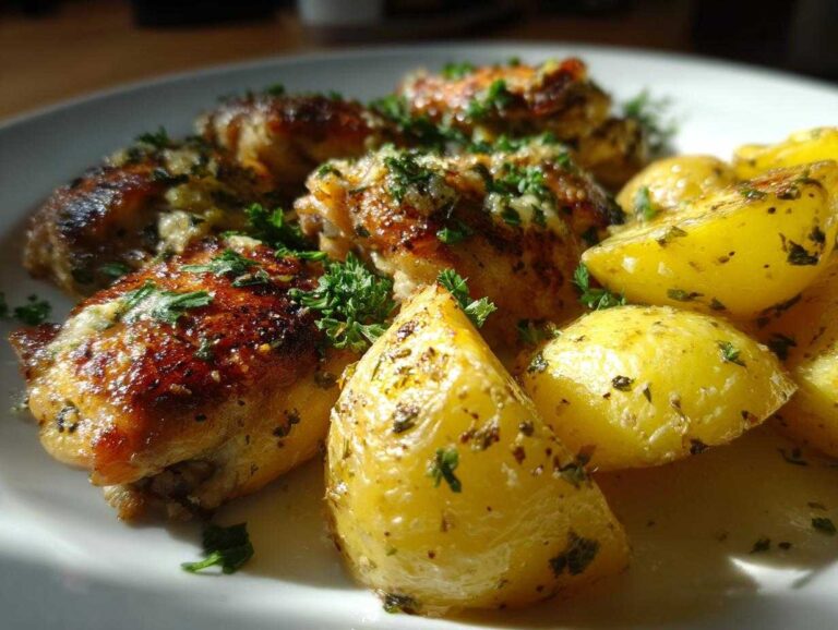 Close-up of golden-brown garlic parmesan chicken and roasted potatoes garnished with fresh parsley.