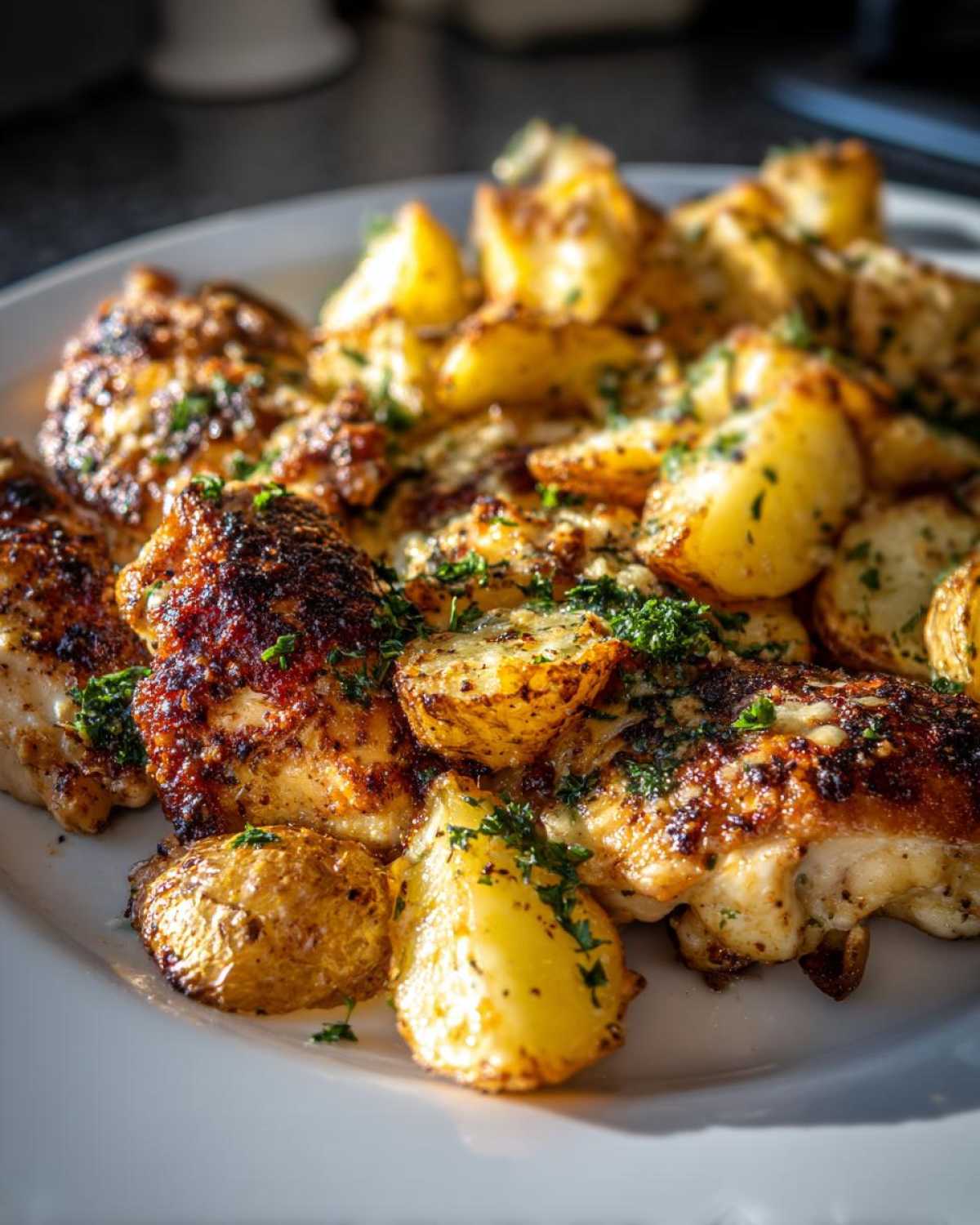 Close-up of golden brown garlic parmesan chicken and potatoes garnished with fresh parsley on a white plate.
