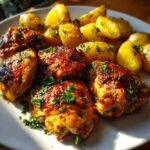 Four pieces of crispy, glazed garlic parmesan chicken and roasted potatoes garnished with parsley.