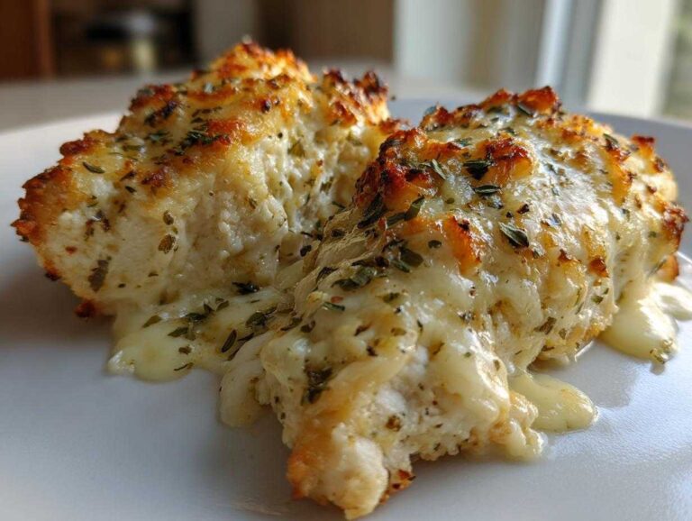 Amazing 25-Min Garlic parmesan chicken bake Close-up of two servings of Garlic parmesan chicken bake with melted cheese and herbs.
