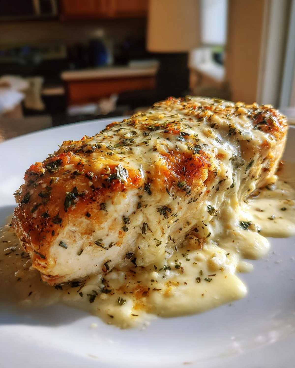 Close-up of a juicy Garlic parmesan chicken bake breast covered in melted, creamy garlic parmesan sauce and herbs.