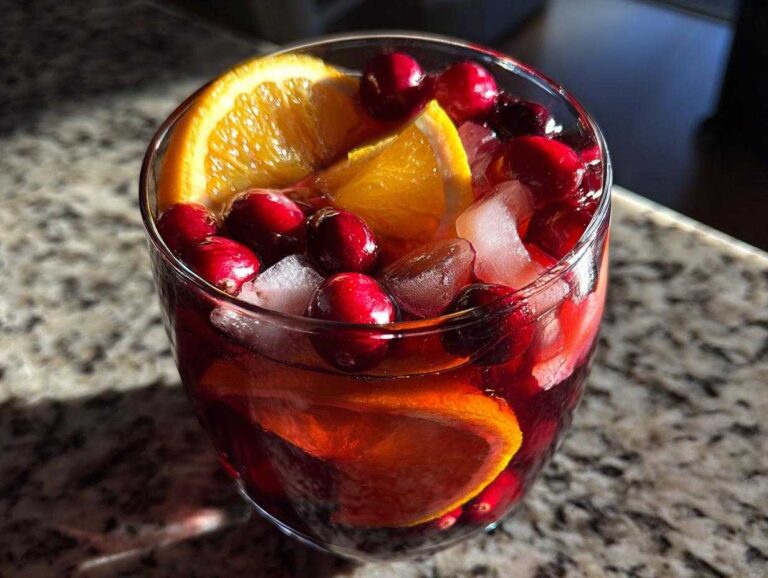 Close-up of a glass filled with rich red holiday sangria, ice cubes, orange slices, and fresh cranberries.