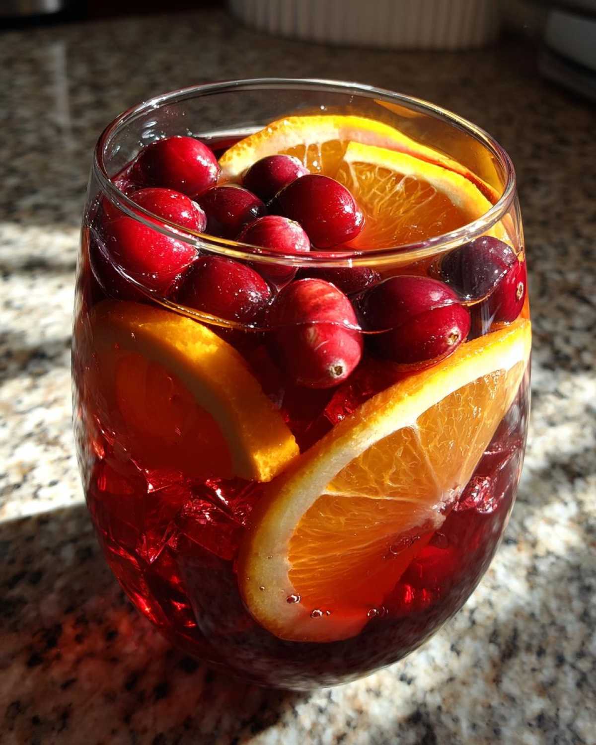 Close-up of a glass filled with vibrant red holiday sangria, garnished with fresh cranberries and orange slices.