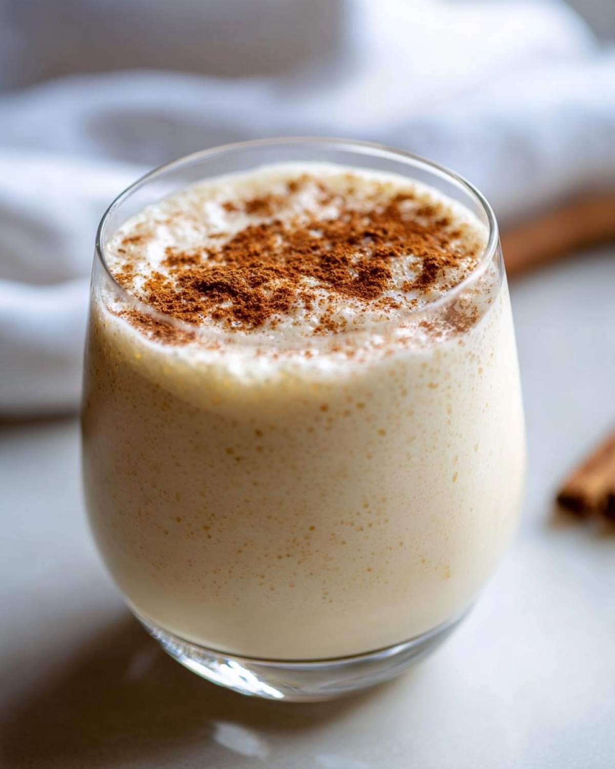 A close-up of a glass filled with creamy, frothy coquito, dusted heavily with ground cinnamon on top.