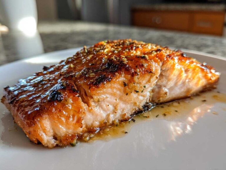 Close-up of a perfectly cooked, glazed air fryer salmon fillet resting on a white plate.