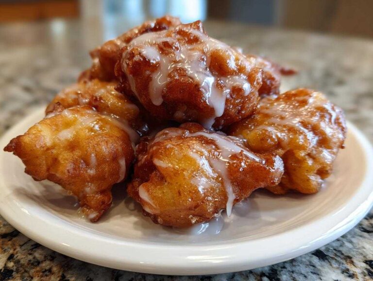 Close-up of several golden brown, glazed apple fritter pieces piled on a white plate.