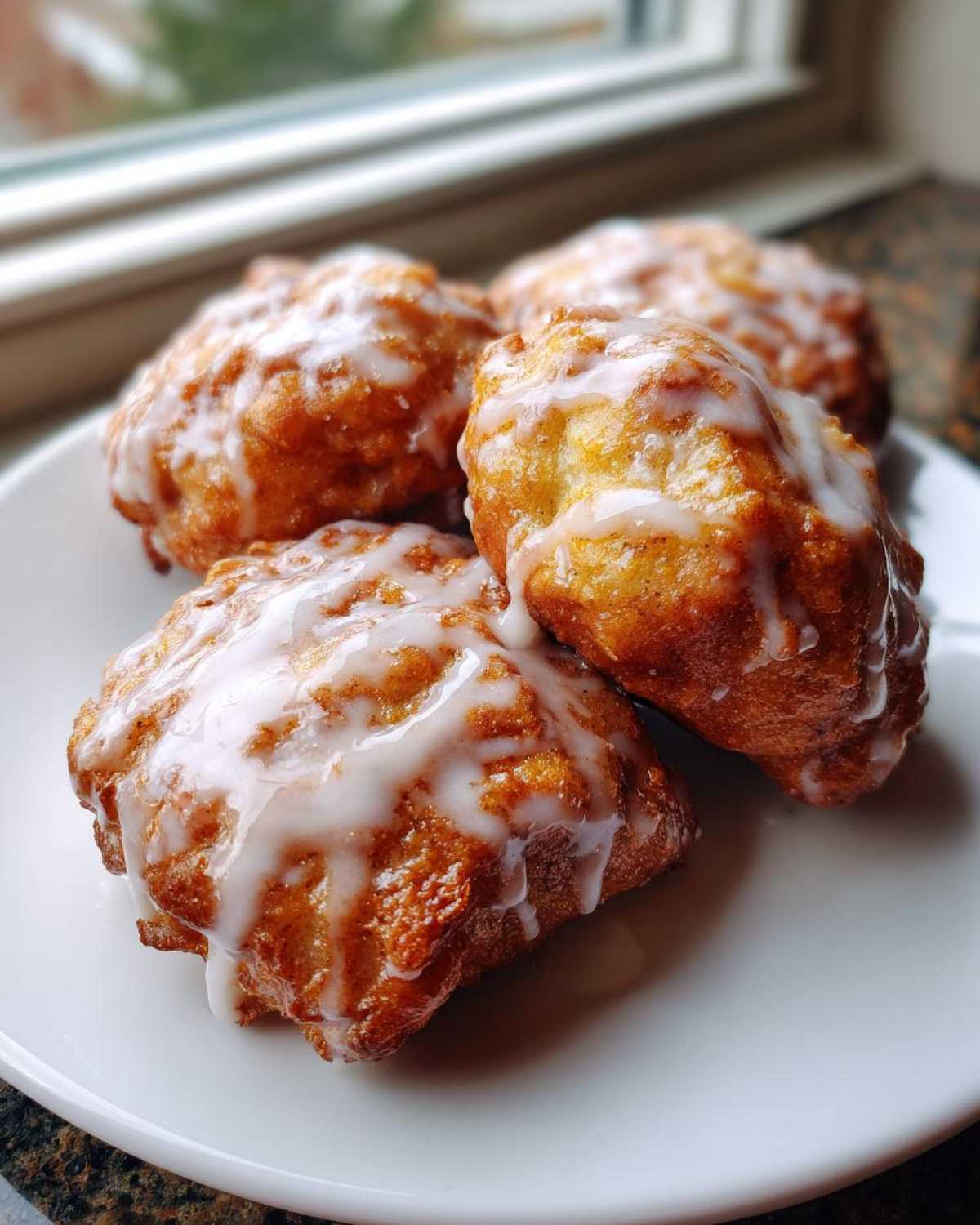 Four golden brown baked apple fritters drizzled generously with white vanilla glaze, resting on a white plate.