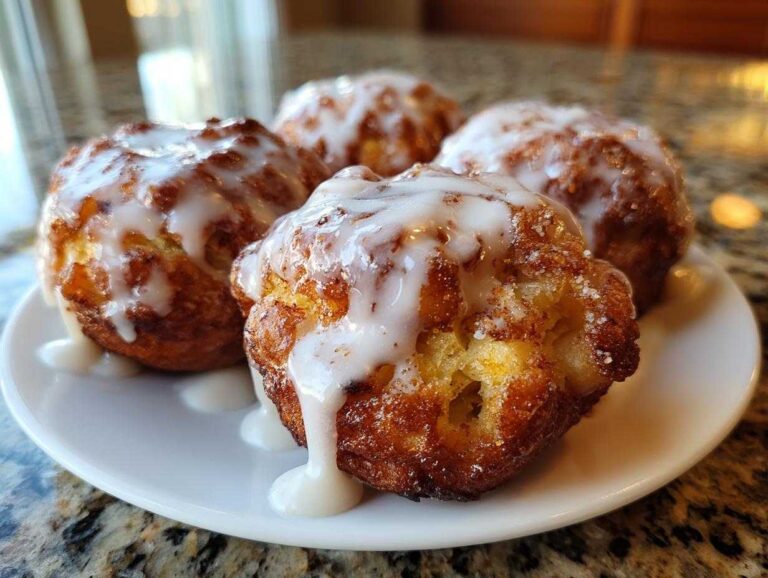 Close-up of four golden brown baked apple fritters generously drizzled with white vanilla glaze.