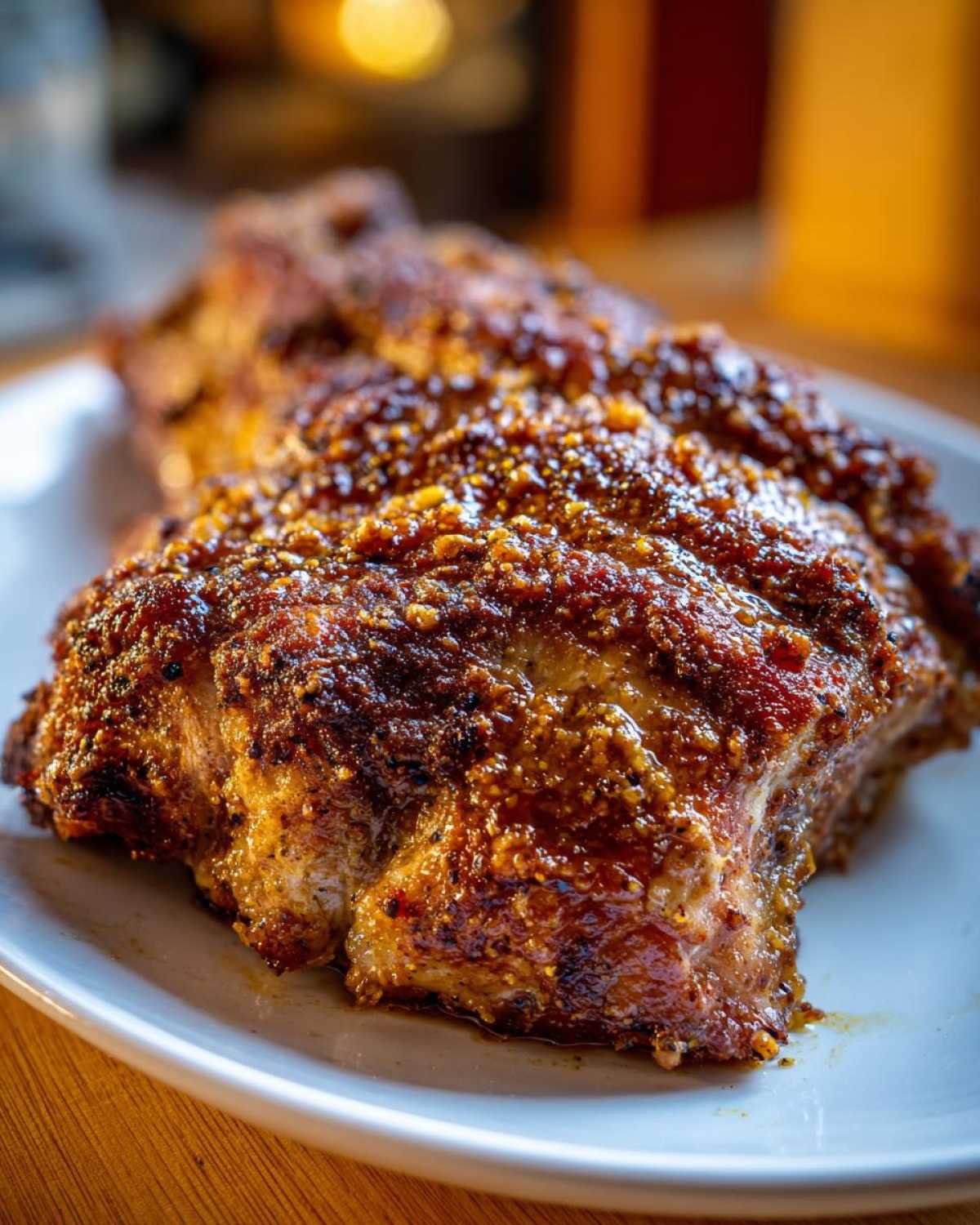 Close-up of a richly seasoned and glazed piece of baked ranch chicken on a white plate.