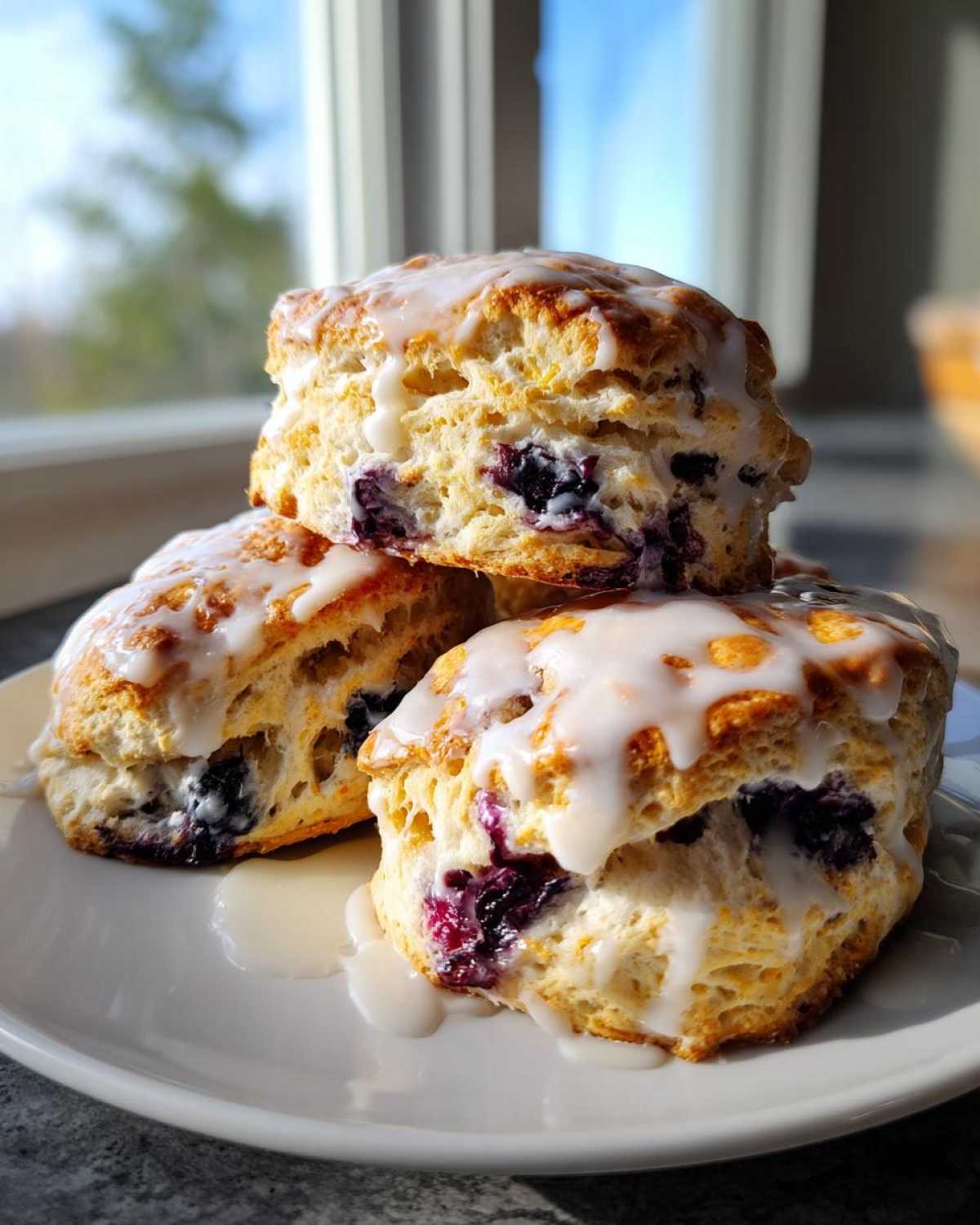 Three fluffy blueberry scones stacked on a white plate, drizzled heavily with white glaze.