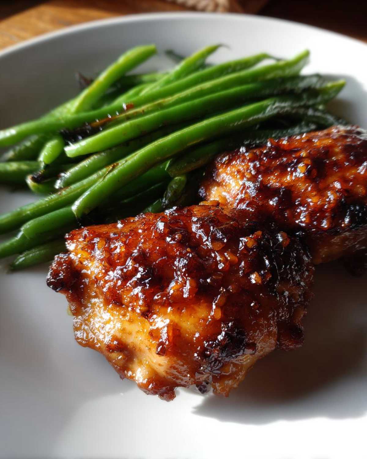 Two pieces of glazed chicken thighs served next to bright green beans, showcasing the perfect chicken and green beans meal.
