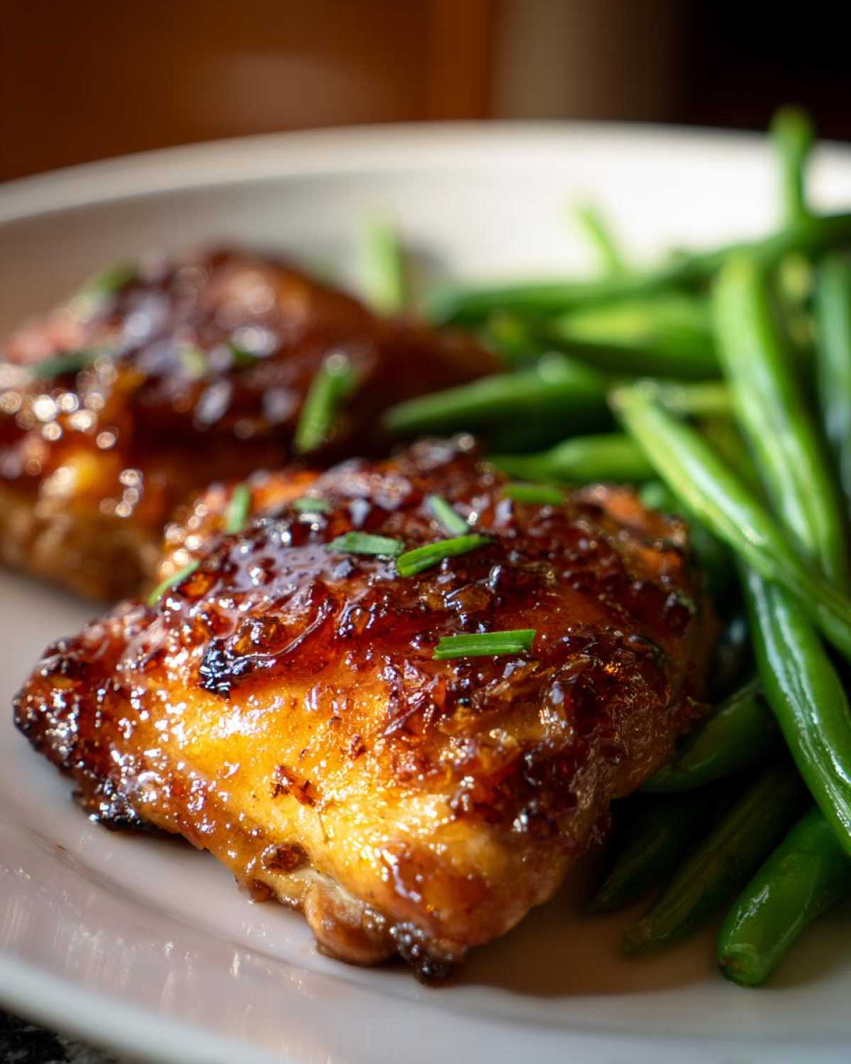 Close-up of glazed chicken thighs served with bright green beans, featuring the primary keyword chicken and green beans.
