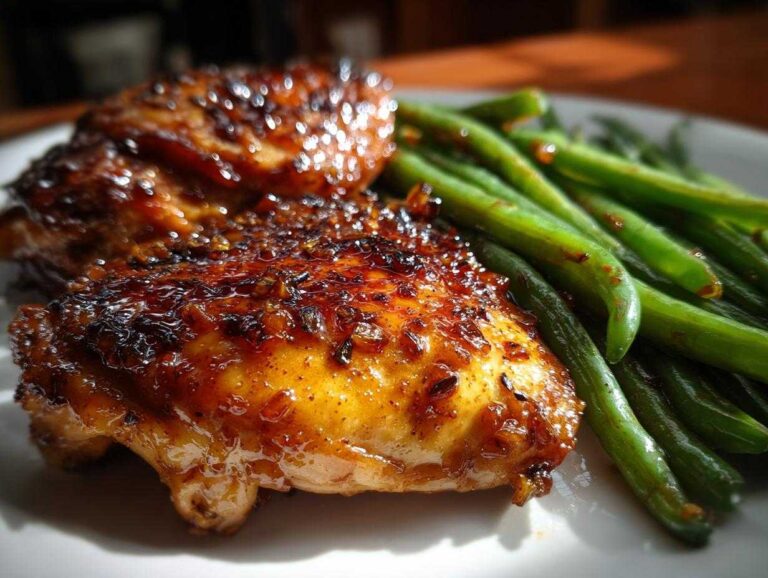 Shocking 1-Pan chicken and green beans win Close-up of two pieces of glazed chicken next to bright green beans, showcasing the delicious chicken and green beans recipe.