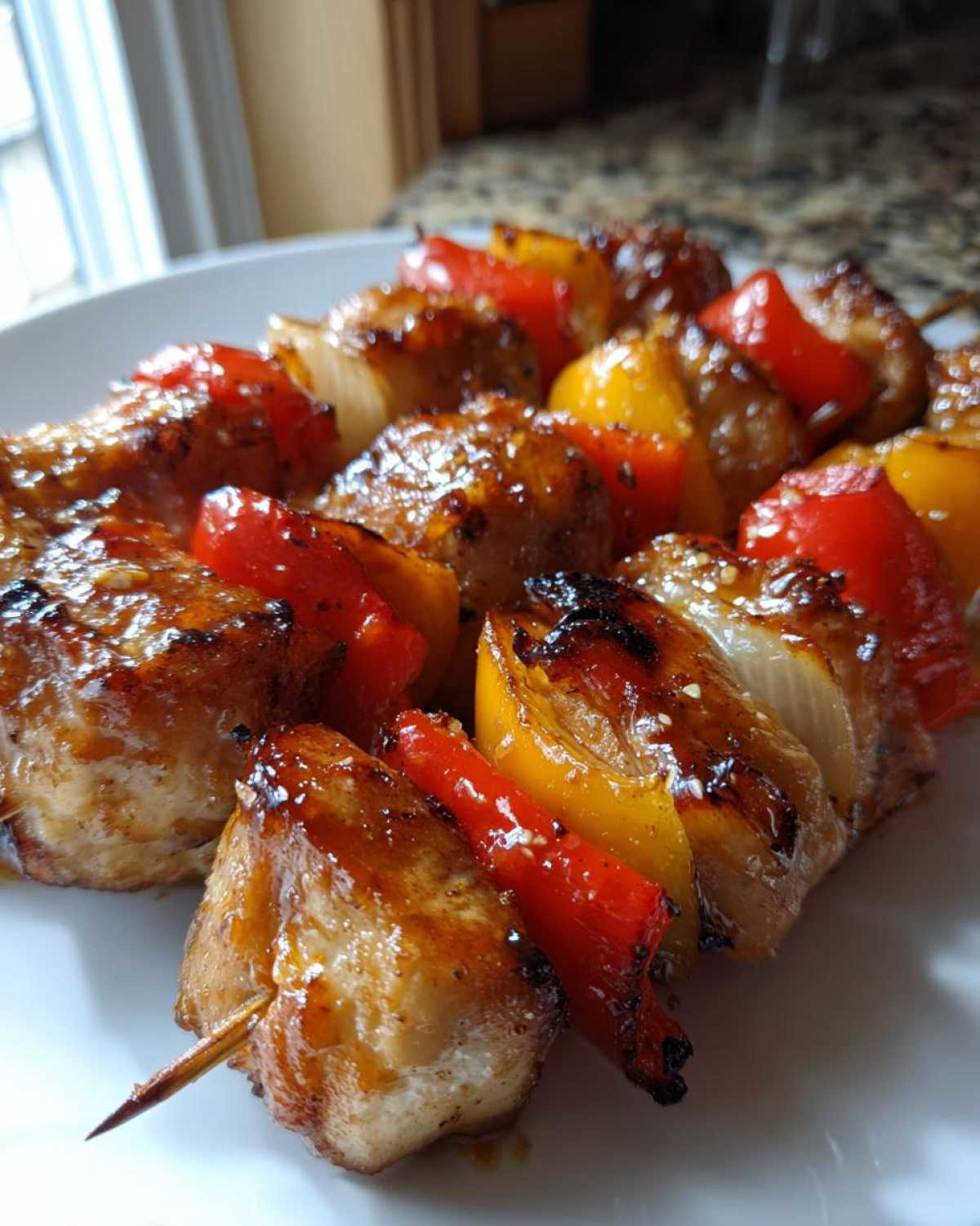 Close-up of beautifully glazed chicken skewers featuring chunks of chicken, red and yellow bell peppers, and onion pieces.