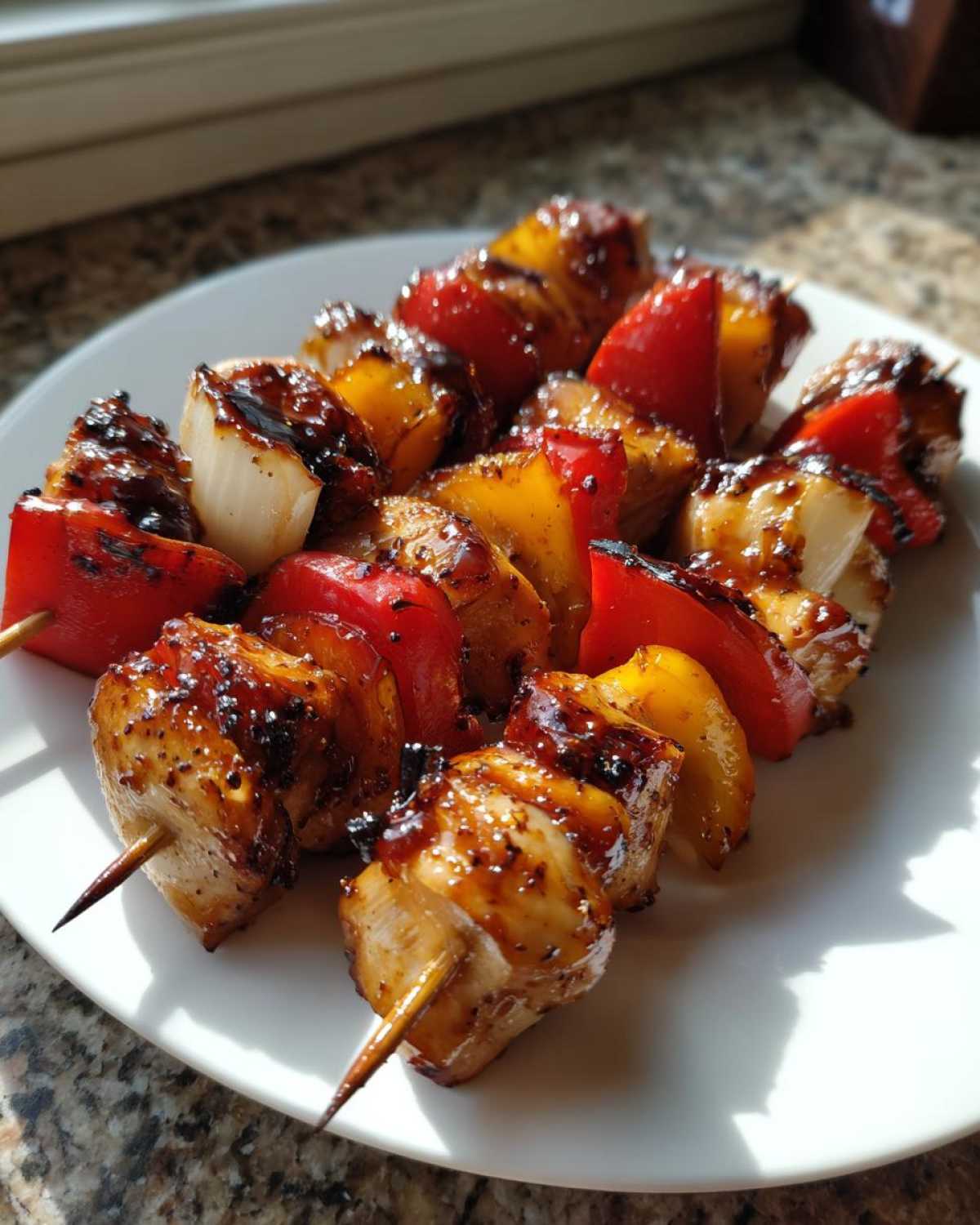 Close-up of grilled, glazed chicken skewers with red peppers and onions served on a white plate.