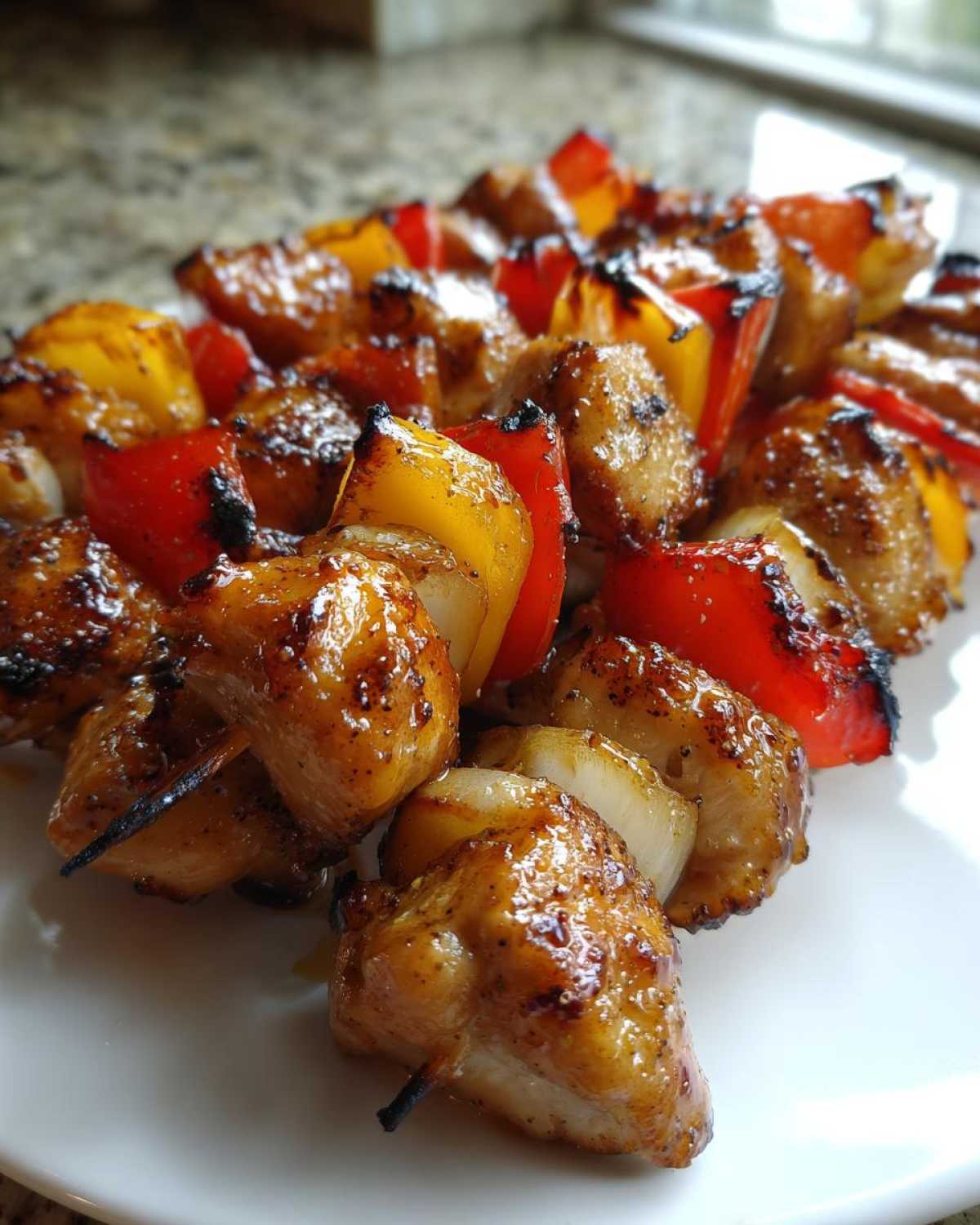 Close-up of perfectly grilled, glazed chicken skewers featuring chunks of chicken, red and yellow bell peppers, and onion pieces.