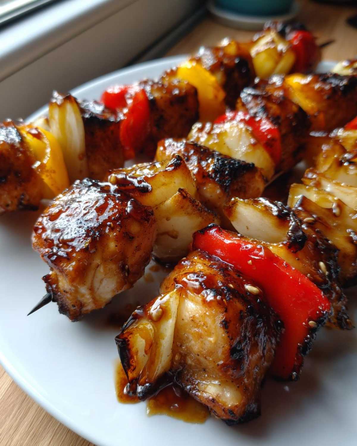 Close-up of delicious, glossy, glazed chicken skewers threaded with red peppers and onions, ready to eat.