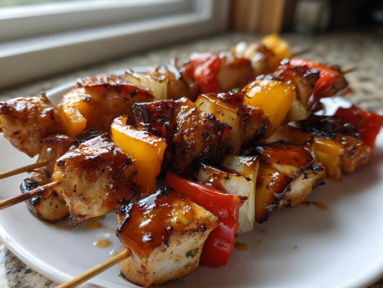 Close-up of grilled chicken skewers glazed with a dark sauce, interspersed with chunks of yellow pepper and onion.