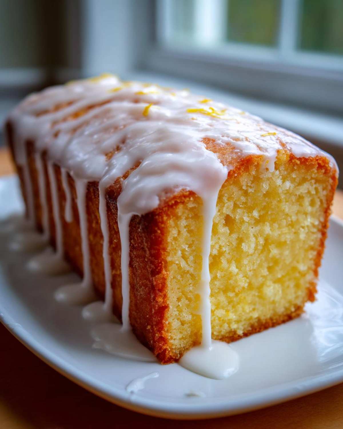 A moist lemon pound cake loaf drizzled with thick white glaze and topped with lemon zest.