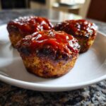 Close-up of three perfectly baked mini meatloaf portions topped with a shiny, thick ketchup glaze.