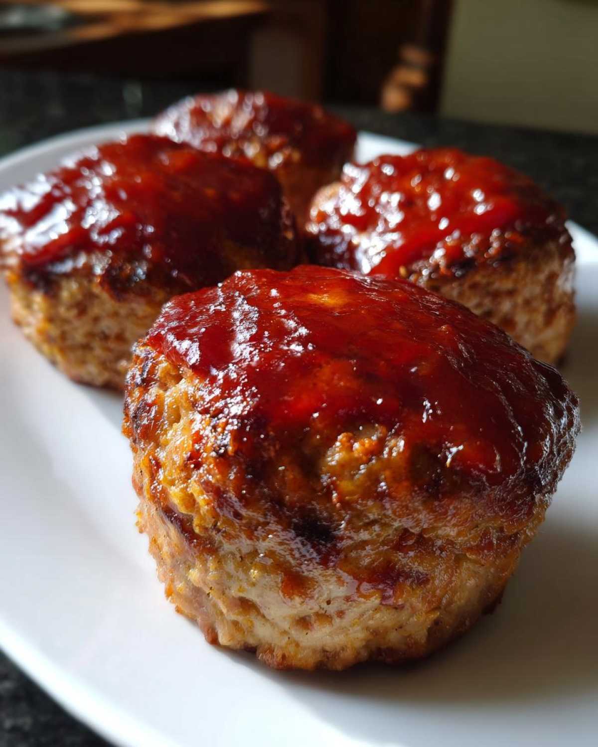 Four individual mini meatloaf portions topped with a shiny, thick red glaze, resting on a white plate.