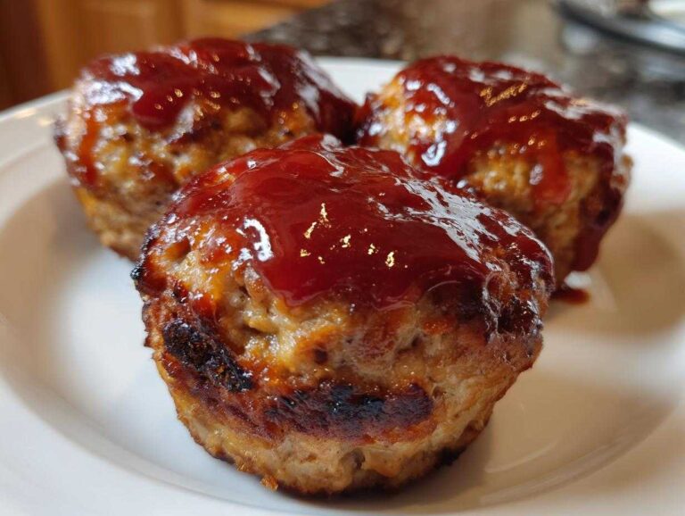 Close-up of three perfectly baked mini meatloaf portions topped with a shiny red glaze, resting on a white plate.