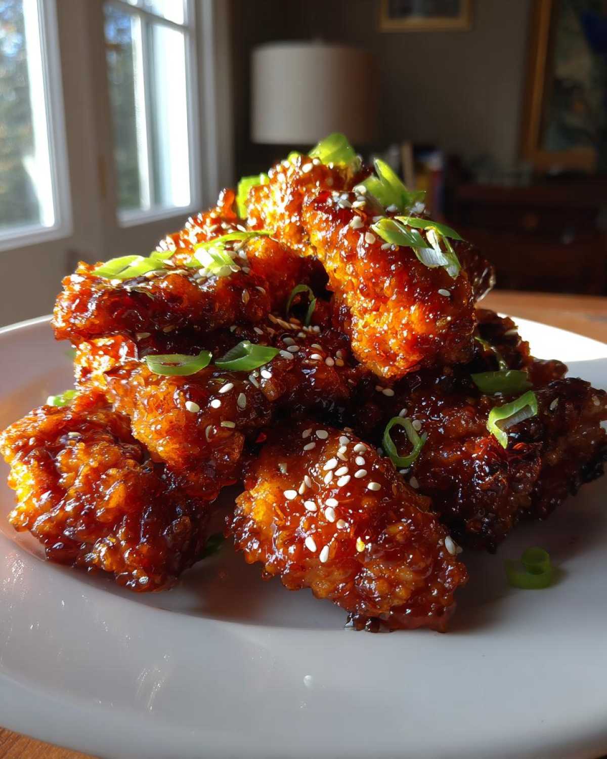 A pile of crispy, glazed pieces ready for an amazing orange chicken recipe, garnished with sesame seeds and green onions.
