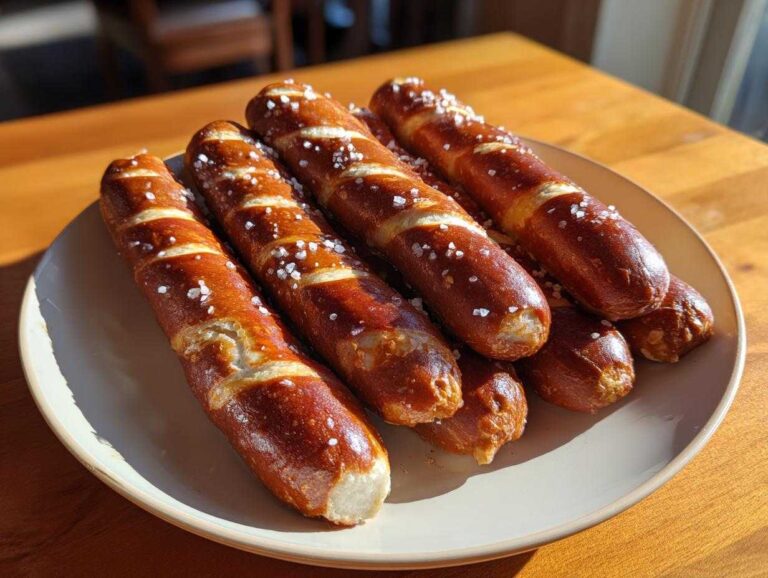 A plate of freshly baked pretzel dogs, golden brown and sprinkled with coarse salt.