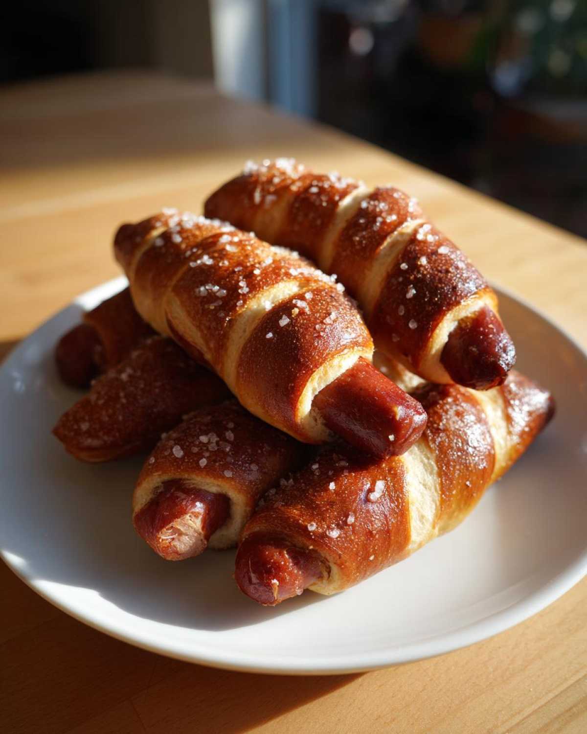 A stack of freshly baked pretzel dogs, glistening brown and topped with coarse salt, resting on a white plate.