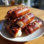 A stack of homemade pretzel dogs, featuring shiny brown dough and coarse salt, resting on a white plate.
