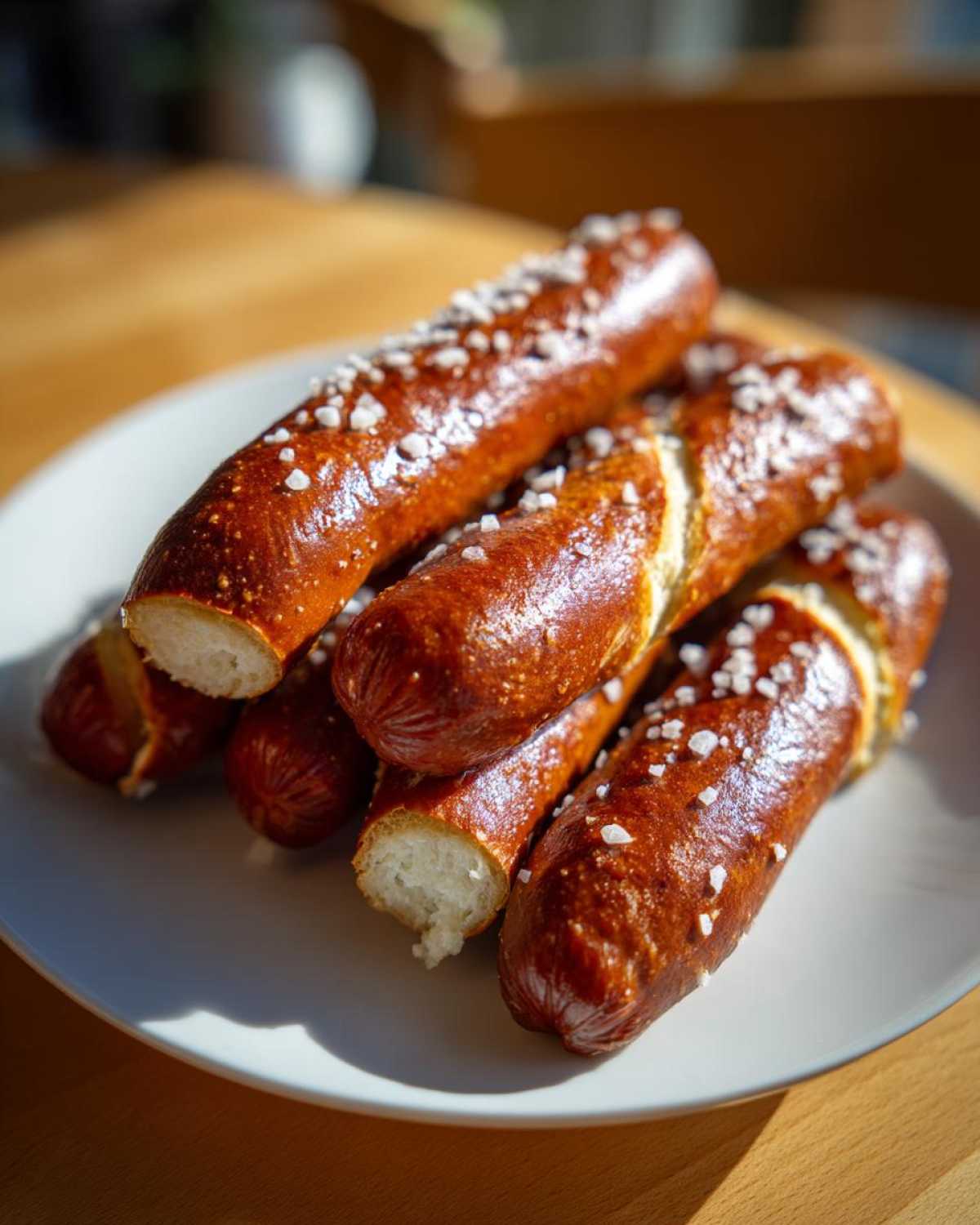 A stack of freshly baked pretzel dogs, glistening brown and topped with coarse salt, resting on a white plate.