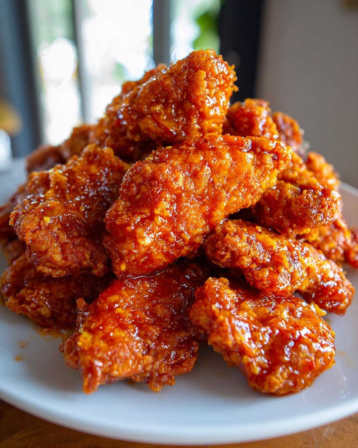 A close-up of a mound of crispy, glazed hot honey chicken tenders piled high on a white plate.