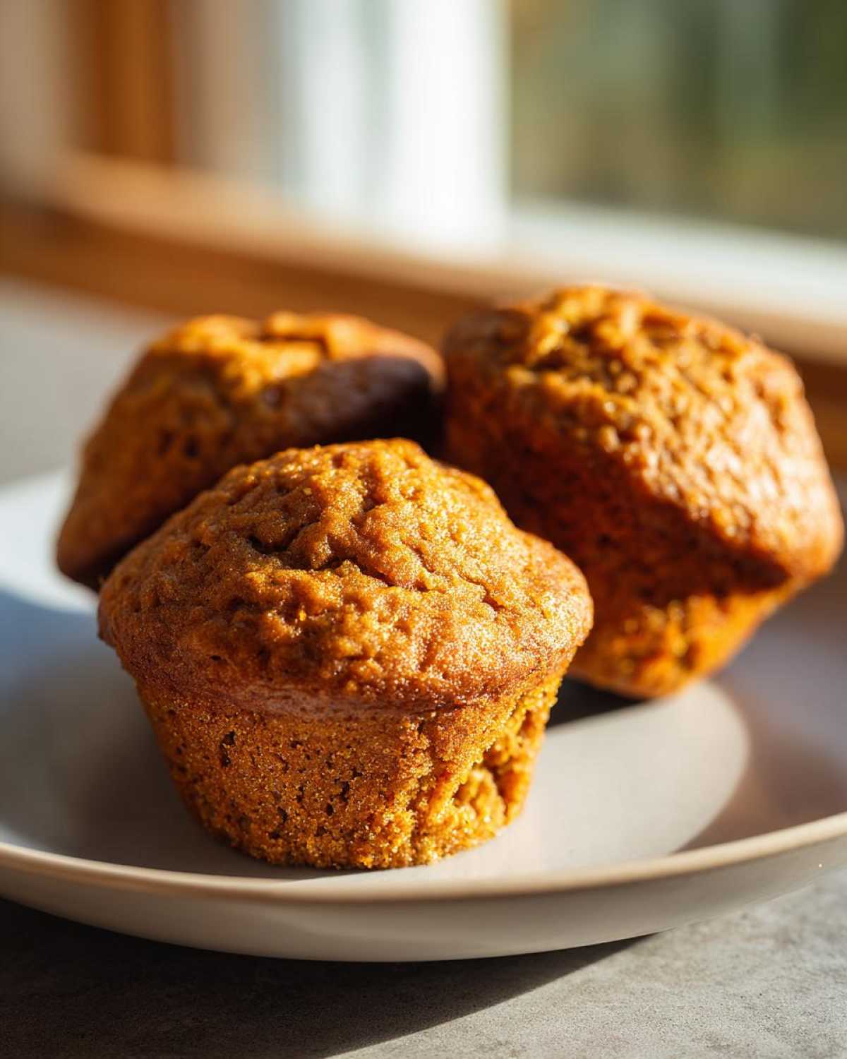 Three golden-brown banana protein muffins resting on a light gray plate in warm sunlight.