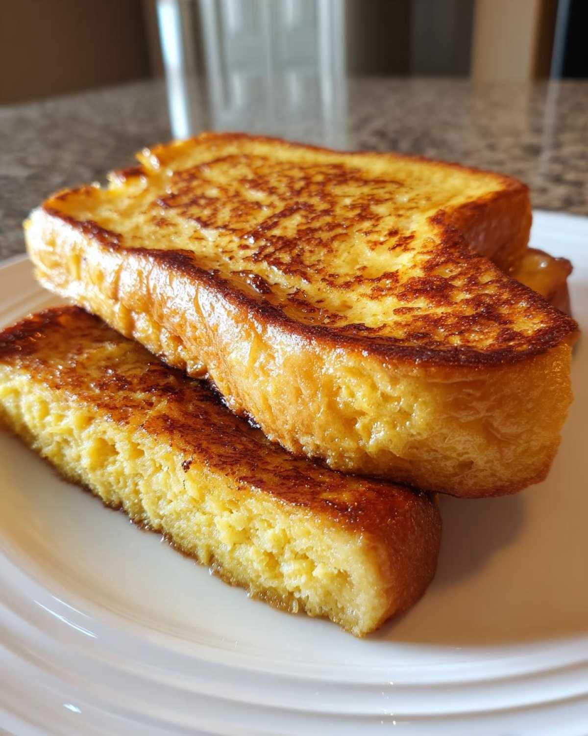 Close-up of two thick slices of golden brown easy french toast stacked on a white plate.