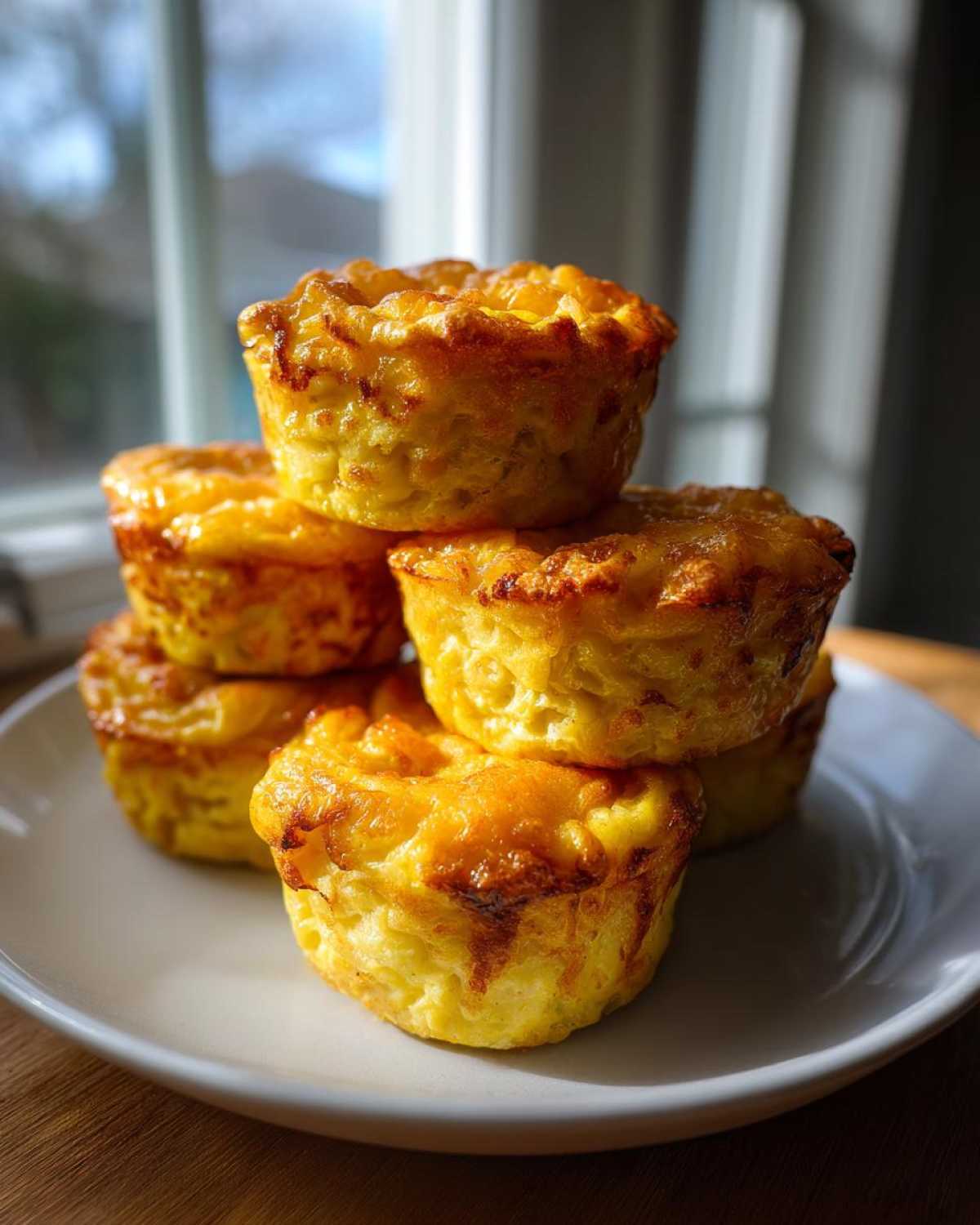 A stack of six golden brown, fluffy egg bites resting on a white plate in bright natural light.
