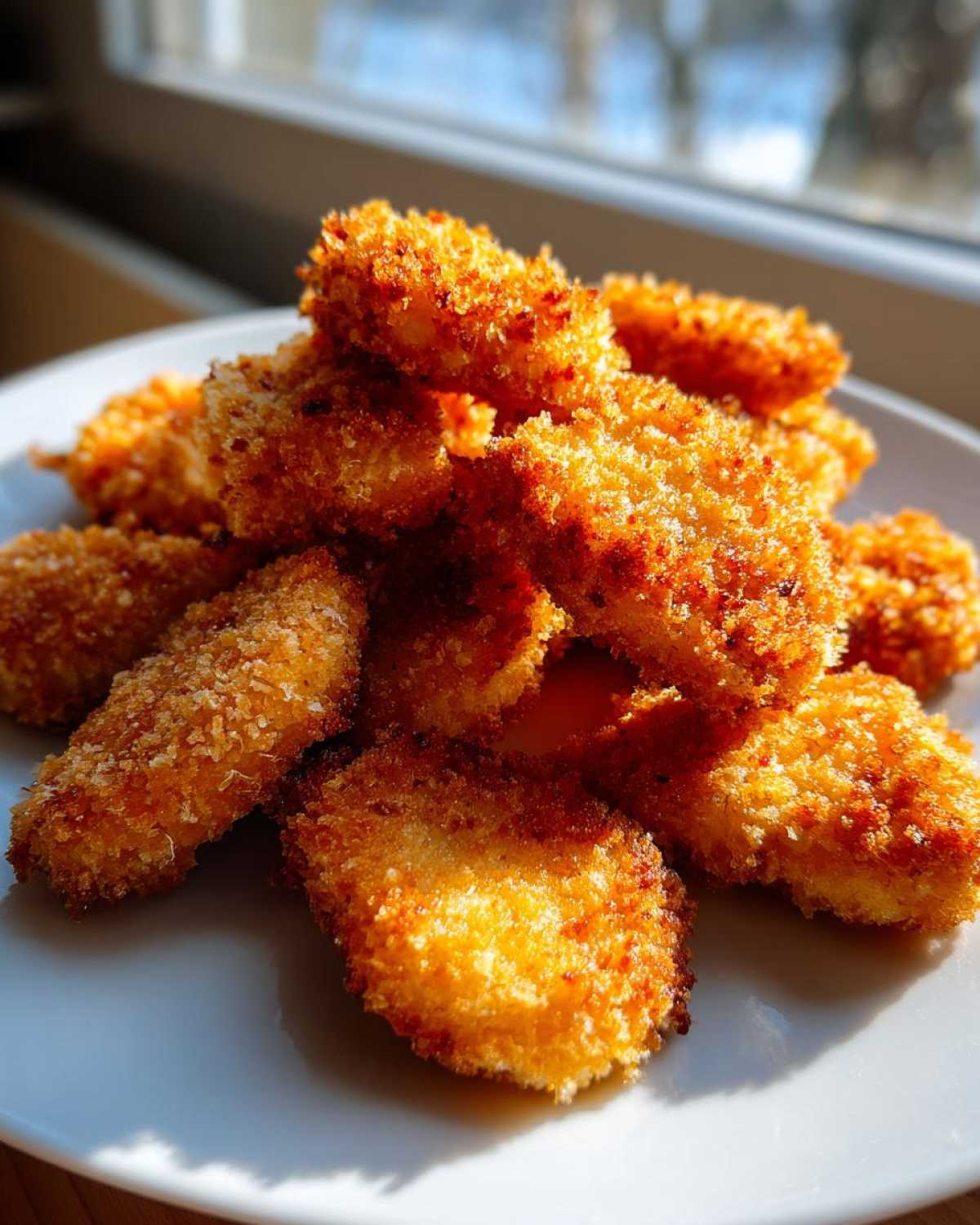 A pile of golden brown, crispy homemade chicken nuggets stacked on a white plate, illuminated by window light.