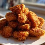 A pile of golden brown, crispy homemade chicken nuggets stacked on a white plate, beautifully lit by sunlight.