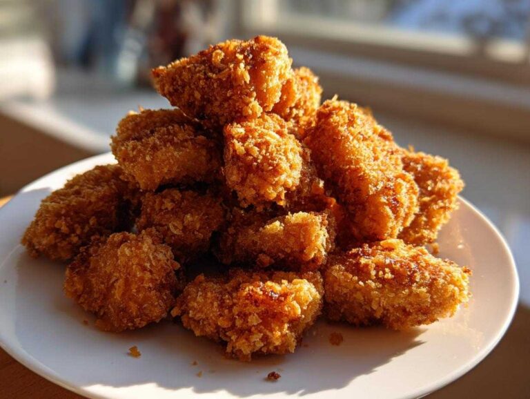 A pile of golden brown, crispy homemade chicken nuggets stacked on a white plate, beautifully lit by sunlight.