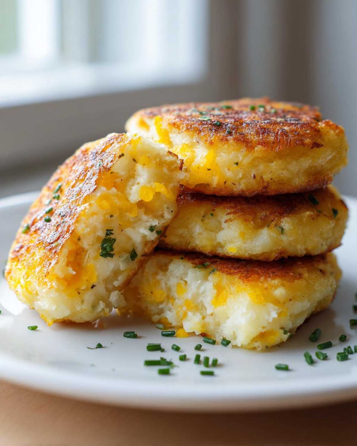 A stack of three golden brown mashed potato cakes, one broken open to show melted cheese inside, garnished with chives.