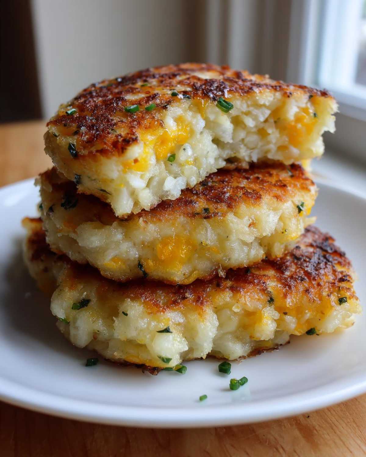 A stack of three golden brown, pan-fried mashed potato cakes with visible melted cheddar cheese and chives.