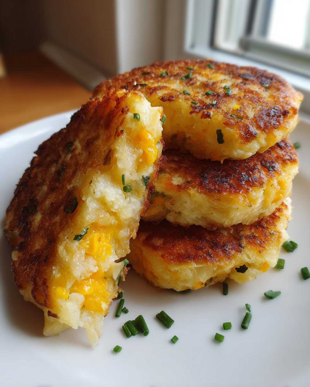 A stack of golden brown mashed potato cakes, one broken open to show the cheesy interior, garnished with chives.