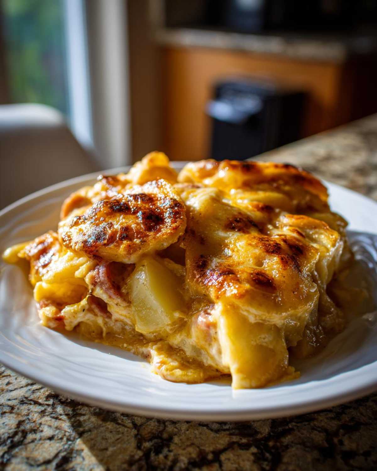 A hearty serving of cheesy pierogi casserole with golden, browned potato or pasta layers on a white plate.