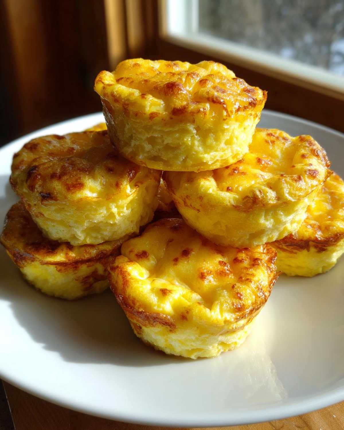 A stack of golden brown, fluffy homemade egg bites piled on a white plate near a window.