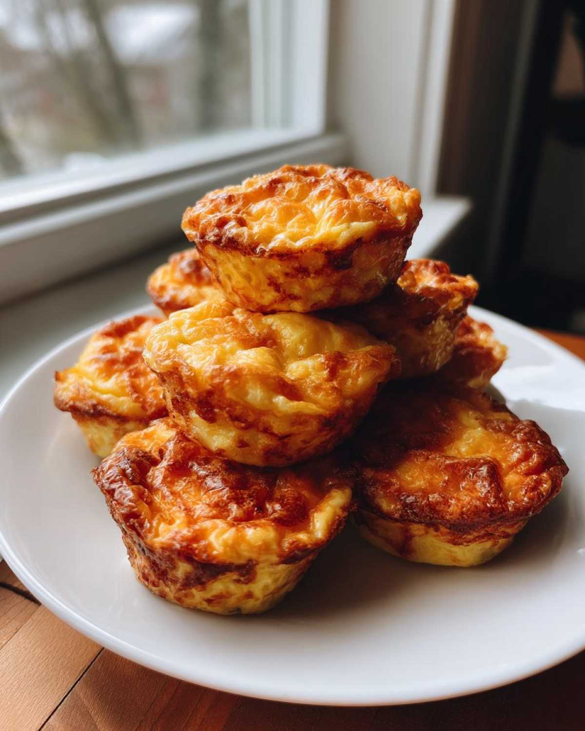 A stack of six golden brown, freshly baked egg bites piled on a white plate near a window.