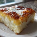A close-up of a square slice of moist cassava cake with a glossy, golden-brown top and shredded coconut.
