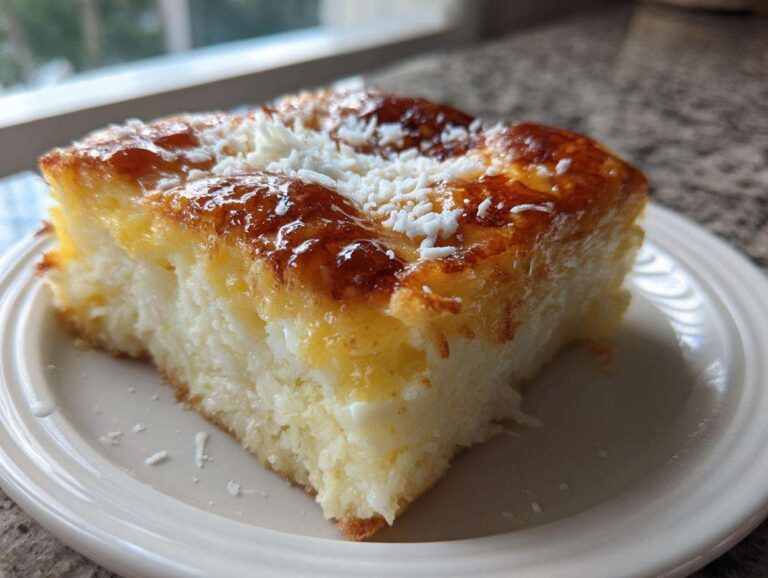 A close-up of a square slice of moist cassava cake with a glossy, golden-brown top and shredded coconut.