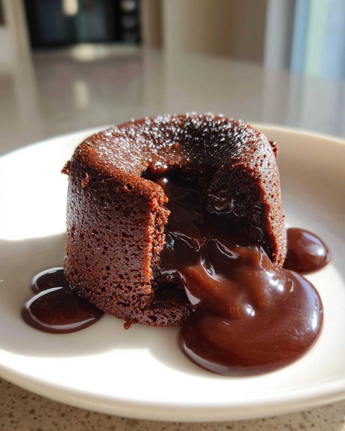 A close-up of a rich, dark chocolate lava cake with its molten center oozing out onto a white plate.