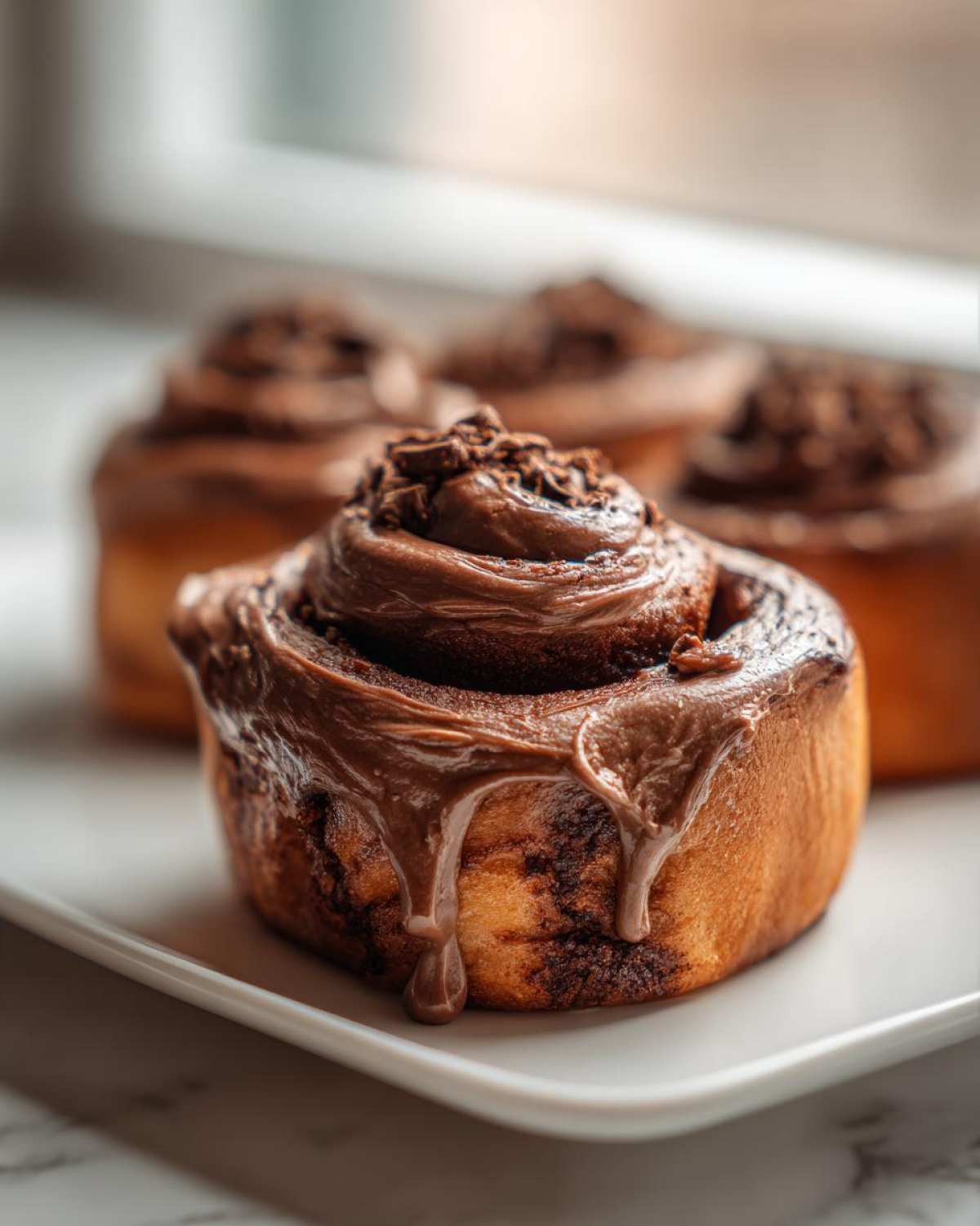 Close-up of a gooey chocolate cinnamon roll topped with thick chocolate frosting and shavings.